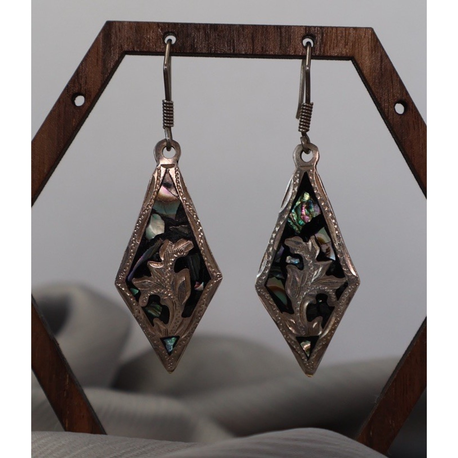 Vintage Mexico Sterling Silver Abalone Inaly Dangle Earrings 9.23g / 2.3in